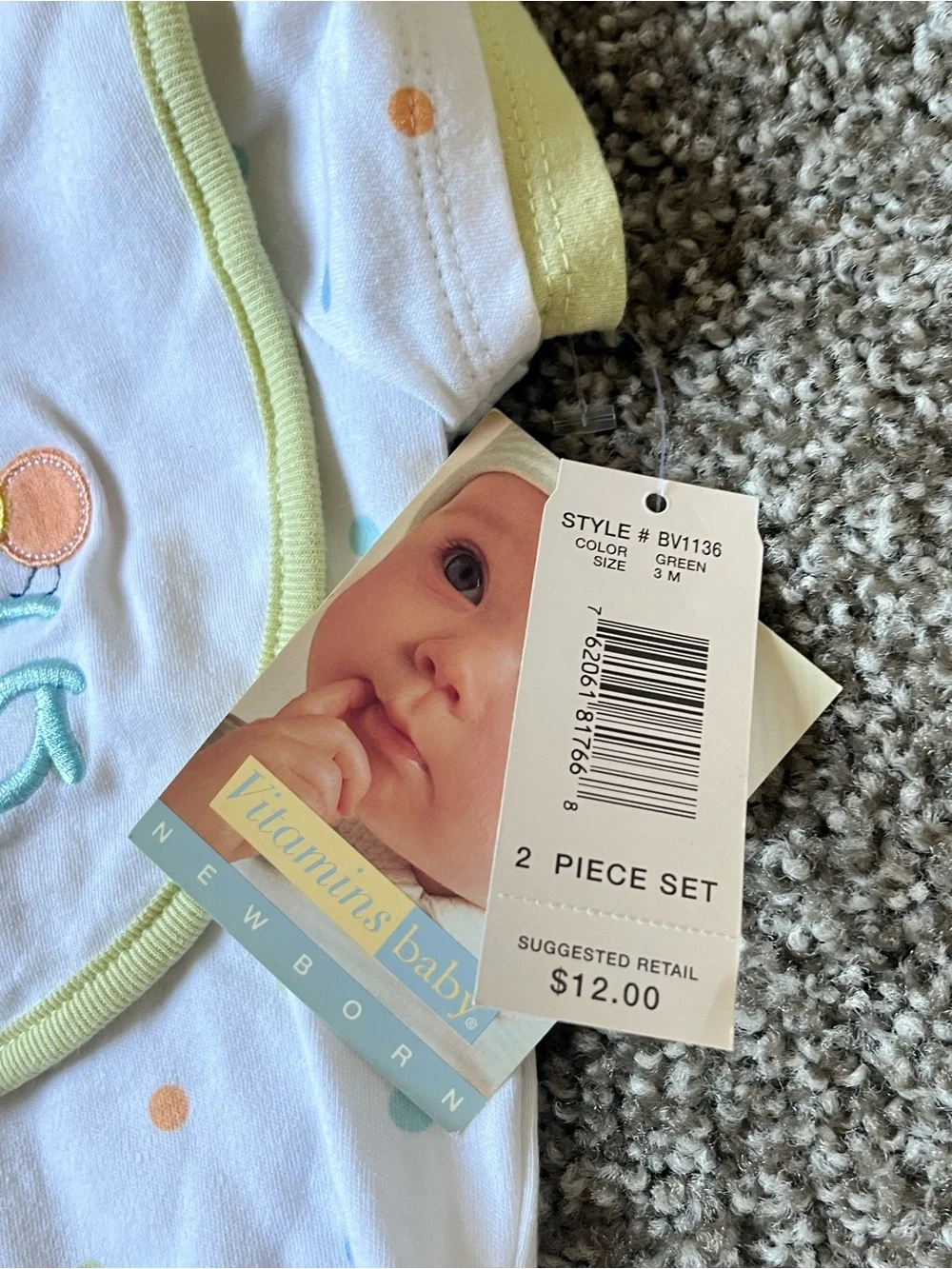 Vitamins Baby 2 Pc Set White Polka Dot One-Piece with Green Trim and Bib (3M)